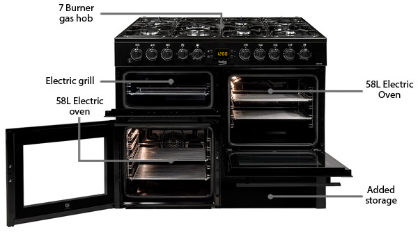 Beko BDVF100K dual fuel range cooker features