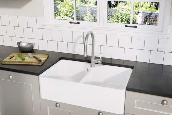 Blanco Villae Farmhouse Dual Bowl Undermount Ceramic Kitchen Sink - White
