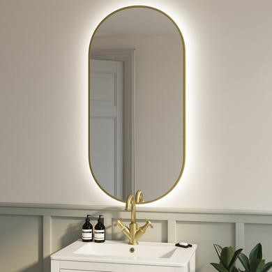 ONLY OPENED - Oval Brass Backlit Heated Bathroom Mirror with Lights 500 x 1000mm - Venus