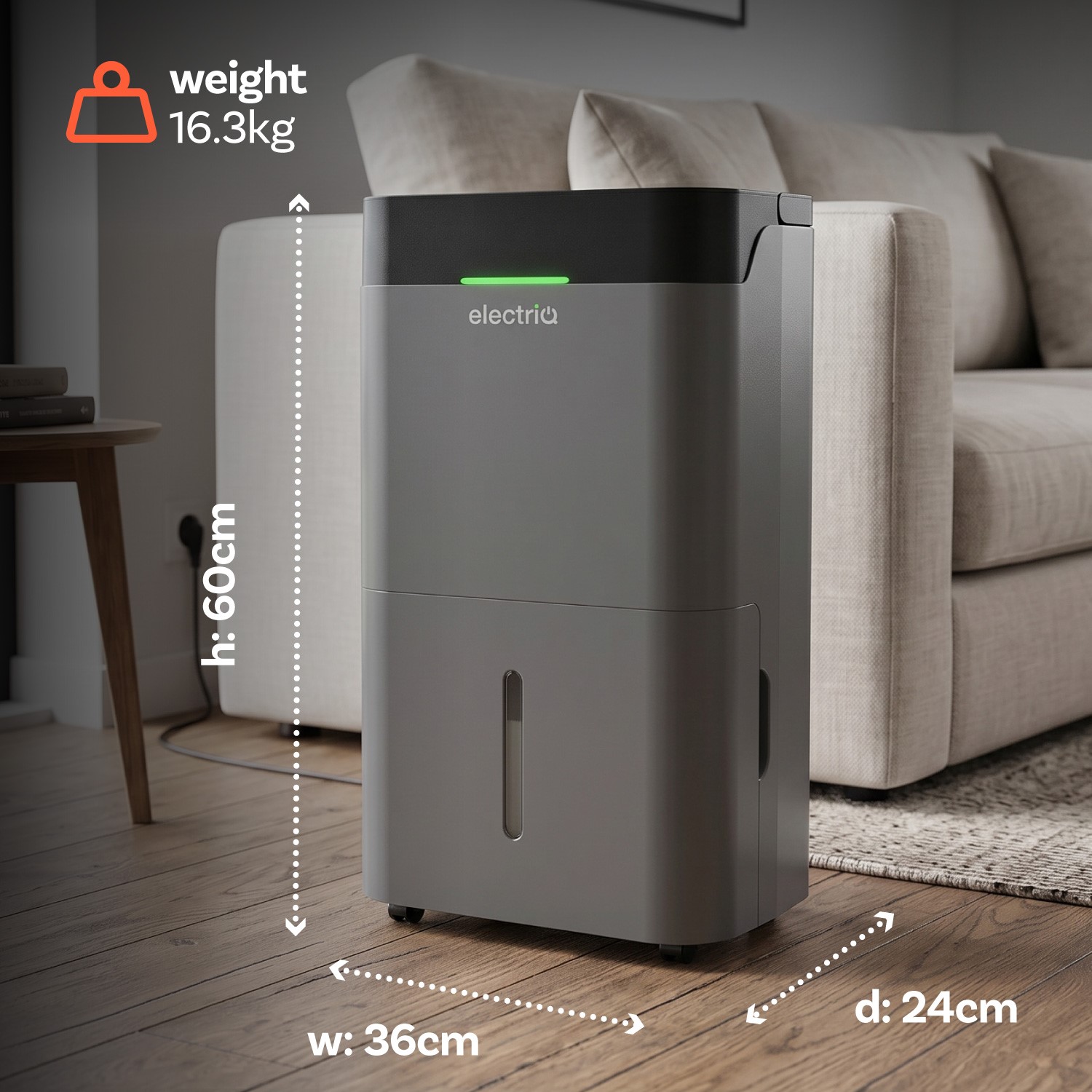electriQ CD35LECOPLUS dimensions: 36cm wide, 24cm deep, 60cm high, 16.3kg.