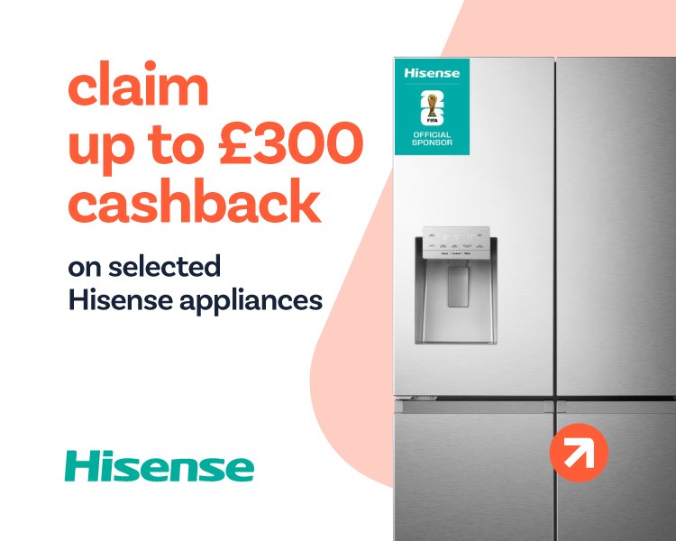 Claim up to £300 cashback on selected Hisense appliances.