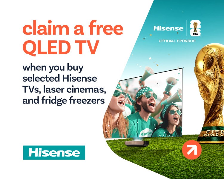 Claim a free QLED TV when you buy selected Hisense TVs, Laser Cinemas, and Fridge Freezer.