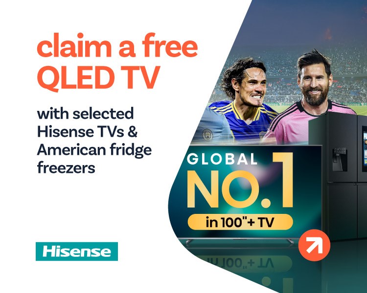 Claim a free QLED TV with selected Hisense TVs & American Fridge Freezers .