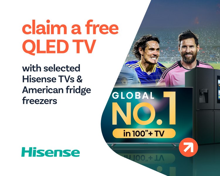 Claim a free QLED TV with selected Hisense TVs & American Fridge Freezers .