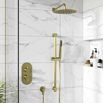Brushed Brass 2 Outlet Wall Mounted Thermostatic Mixer Shower Set with Hand Shower and