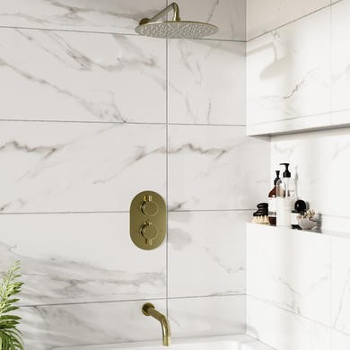 Brushed Brass 2 Outlet Wall Mounted Thermostatic Mixer Shower Set with Bath Filler Spout