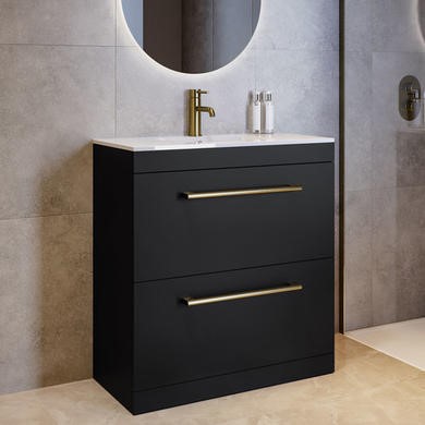 800mm Black Freestanding Vanity Unit with Basin and Brass Handles - Ashford