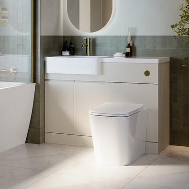 1100mm Beige Left Hand Toilet and Sink Unit with Square Toilet and Brass Fittings - Bali