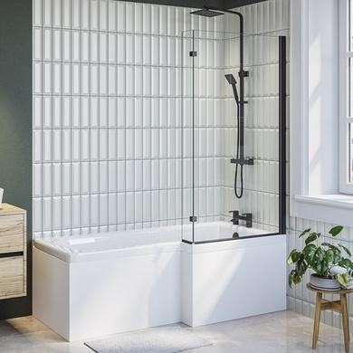 L Shaped Shower Bath with Front Panel & Black Bath Screen