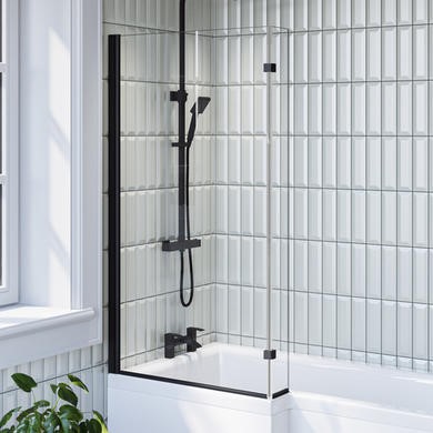 L Shaped Shower Bath with Front Panel & Black Bath Screen