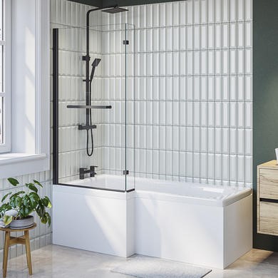 L Shaped Shower Bath with Front Panel & Matt Black Bath Screen with Towel Rail, Left Hand