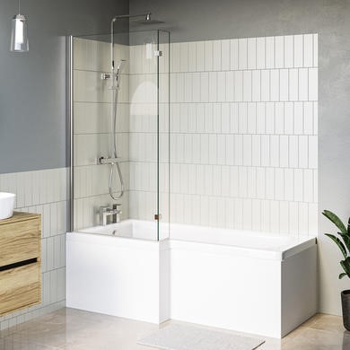 L Shaped Shower Bath with Front Panel & Chrome Bath Screen