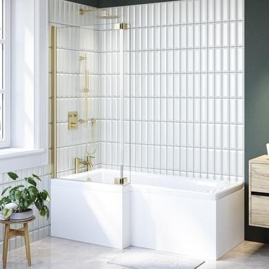 L Shaped Shower Bath with Front Panel & Brushed Brass Bath Screen
