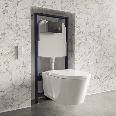 Wall Hung Smart Bidet Japanese Toilet & 1160mm Frame Cistern and Black Pneumatic Flush