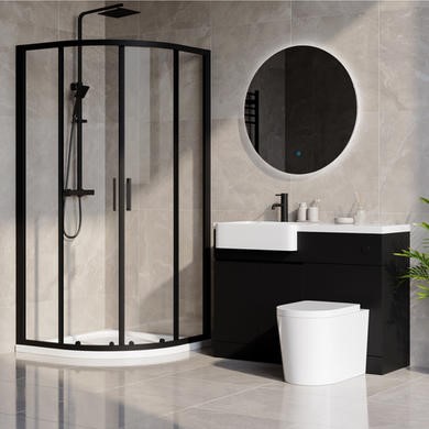 800mm Black Quadrant Shower Enclosure Bathroom Suite with Left Hand Toilet & Sink Unit -