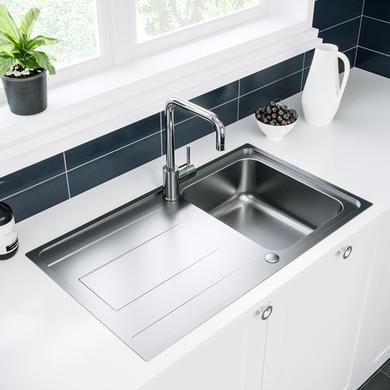 Single Bowl Chrome Stainless Steel Reversible Inset Kitchen Sink with Mixer Tap Set - Enza