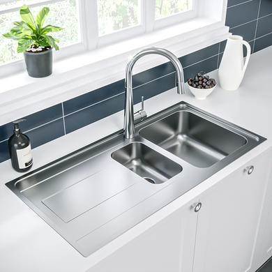 1.5 Bowl Chrome Stainless Steel Reversible Inset Kitchen Sink with Pull Out Mixer Tap Set