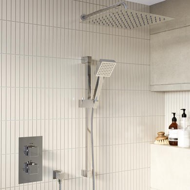Chrome 2 Outlet Wall Mounted Thermostatic Mixer Shower Set with Hand Shower - Cube