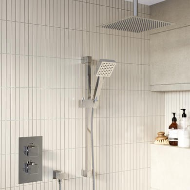 Chrome 2 Outlet Ceiling Mounted Thermostatic Mixer Shower Set with Hand Shower & Slide