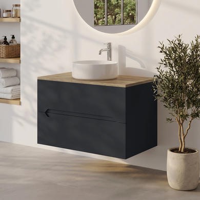 800mm Grey Wall Hung Countertop Vanity Unit with Oak Worktop and Basin - Morella