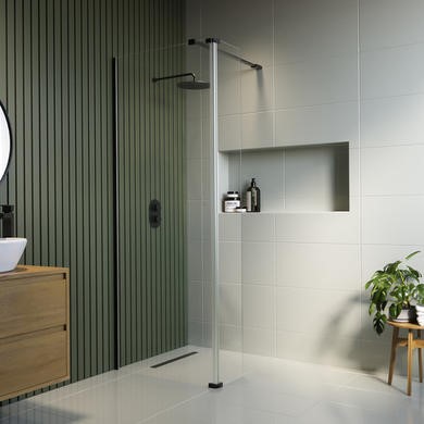700mm Black Shower Screen for Wet Room & Walk In Shower with 300mm Hinged Flipper Return