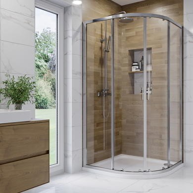 900x760mm Chrome 6mm Glass Right Hand Offset Quadrant Shower Enclosure with Shower Tray -