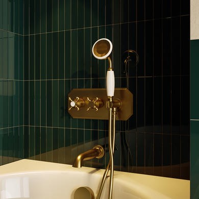 Brushed Brass 2 Outlet Thermostatic Mixer Shower Set with Hand Shower & Bath Filler Spout