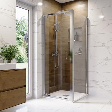 800mm Chrome 6mm Glass Square Hinged Shower Enclosure with Low Profile Shower Tray -
