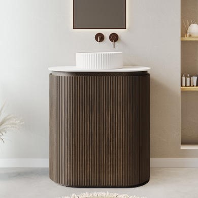 800mm Walnut Wood Effect Curved Fluted Freestanding Countertop Vanity Unit with Basin –