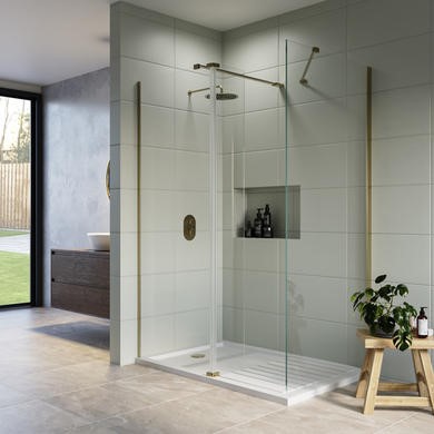1600x800mm Brushed Brass Walk-In Shower Screen Enclosure with 300mm Hinged Flipper Return