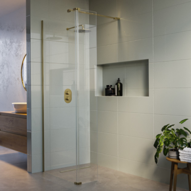 1100mm Brushed Brass Shower Screen for Wet Room & Walk In Shower with 300mm Fixed Return