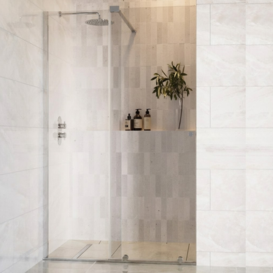 1400mm Chrome Frameless Sliding Door Shower Enclosure 8mm Glass + Wall Support Bar -