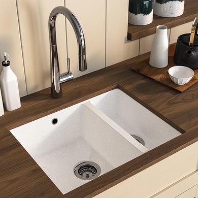 1.5 Bowl White Undermount Composite Kitchen Sink With Chrome Pull Out Kitchen Mixer Tap