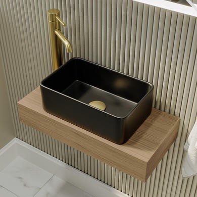 560mm Wood Effect Wall Hung Floating Vanity Shelf and Black Basin - Evora