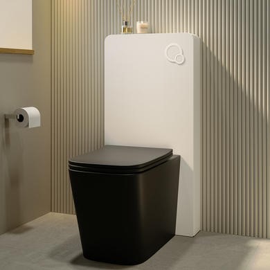 Black Back to Wall Toilet with White Glass Cabinet