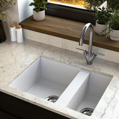 1.5 Bowl White Undermount Composite Kitchen Sink with Chrome Dual Lever Kitchen Mixer Tap