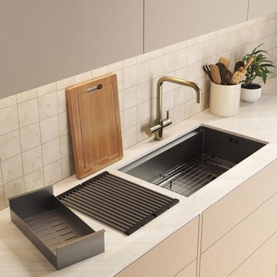 Brass 3 in 1 Instant Boiling Water Kitchen Tap & Black Undermount Workstation Sink with