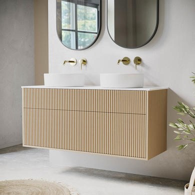 1250mm Wooden Fluted Wall Hung Double Countertop Vanity Unit with Basins - Matira