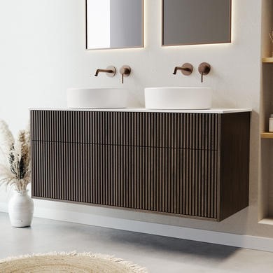 1250mm Walnut Wood Effect Fluted Wall Hung Double Countertop Vanity Unit with Basin–