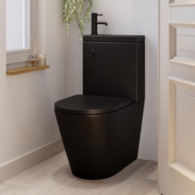 Matt Black Close Coupled Closed Back Toilet with Sink on Top & Black Fittings Cloakroom