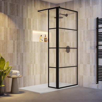 800mm Black Grid Shower Screen for Wet Room & Walk In Shower with 300mm Hinged Panel -