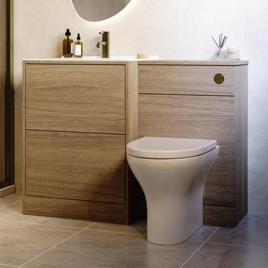 1100mm Oak Wood Effect Toilet and Sink Unit with Round Toilet and Brushed Brass Push