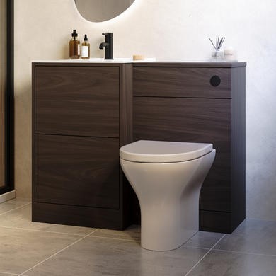 1000mm Walnut Wood Effect Toilet and Sink Unit with Round Toilet and Matt Black Push