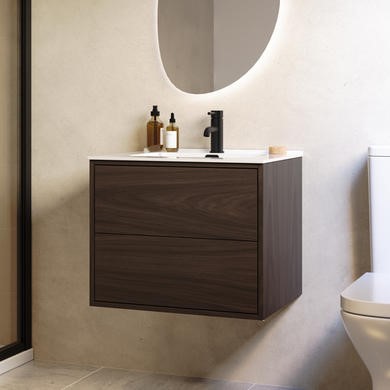 600mm Walnut Wood Effect Wall Hung Vanity Unit with Basin - Palma