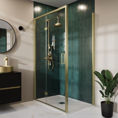 1200 x 900mm Brushed Brass Rectangular Hinged Shower Enclosure with Low Profile Shower