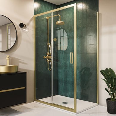 1000x800mm Brushed Brass 8mm Glass Rectangular Sliding Shower Enclosure with Low Profile