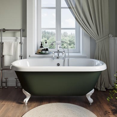 Freestanding Dark Green Double Ended Roll Top Bath with White Feet 1515 x 740mm - Park