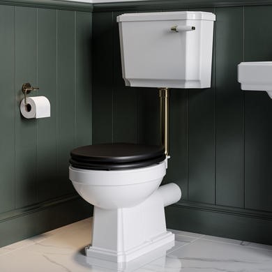 Close Coupled Traditional Low Level Short Projection Toilet with Black Wooden Soft Close