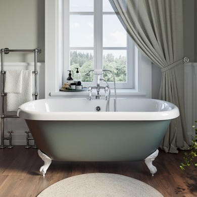 Freestanding Light Green Double Ended Roll Top Bath with White Feet 1515 x 740mm - Park