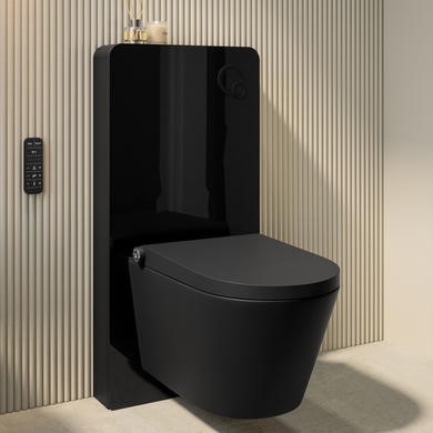 Matt Black Wall Hung Smart Bidet Japanese Toilet With Black Glass Cabinet, Frame, Cistern